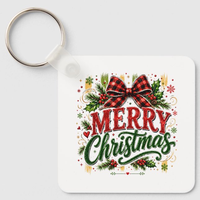 Merry Christmas Plaid Bow Key Ring (Front)