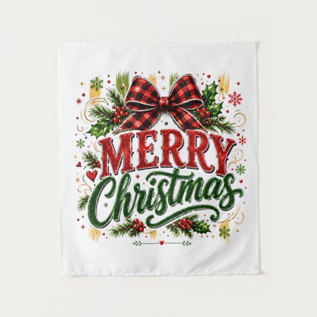 Merry Christmas Plaid Bow Tapestry (Front)