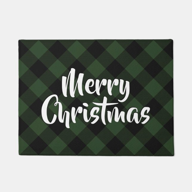 Merry Christmas Plaid Buffalo Check Green Tartan Doormat (Front)
