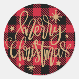 Merry Christmas Plaid Buffalo Round Sticker