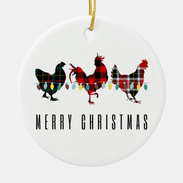 Merry Christmas Plaid Chickens Christmas Ceramic Tree Decoration (Front)