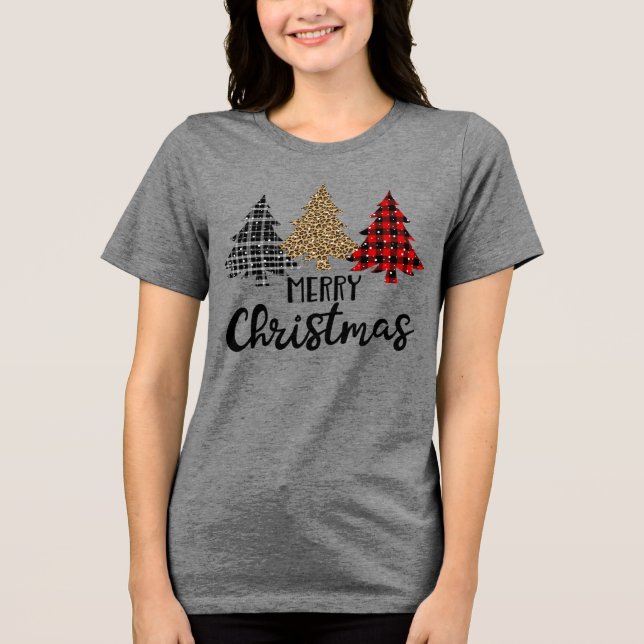 Merry Christmas Plaid Christmas Trees Tri-Blend Shirt (Front)