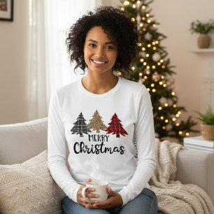 Merry Christmas Plaid Christmas Trees Tri-Blend Shirt