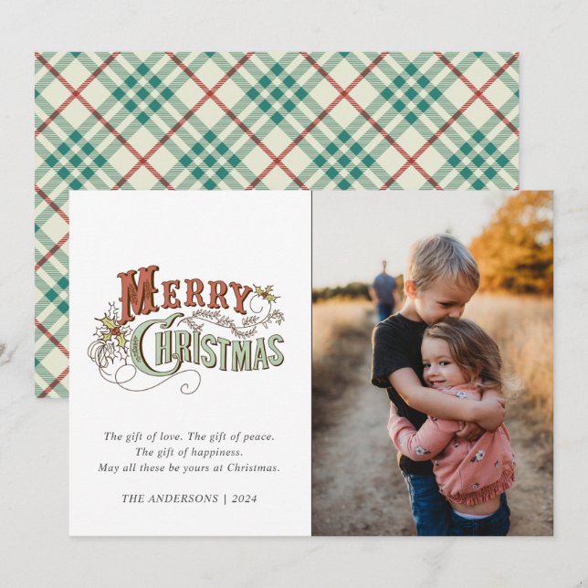 Merry Christmas Plaid Family Photo Christmas Holiday Card (Front/Back)