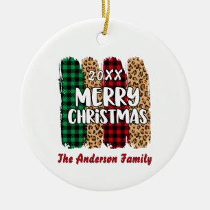 Merry Christmas Plaid & Leopard Print Family Name  Ceramic Tree Decoration