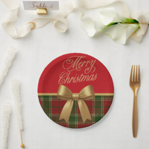 Merry Christmas Plaid Paper Plate with Gold Bow