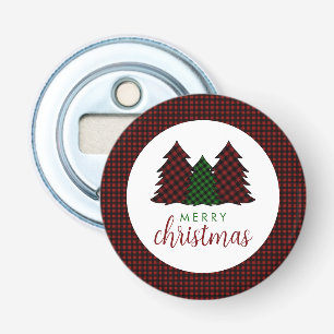 Merry Christmas Plaid Pattern Christmas Tree Bottle Opener