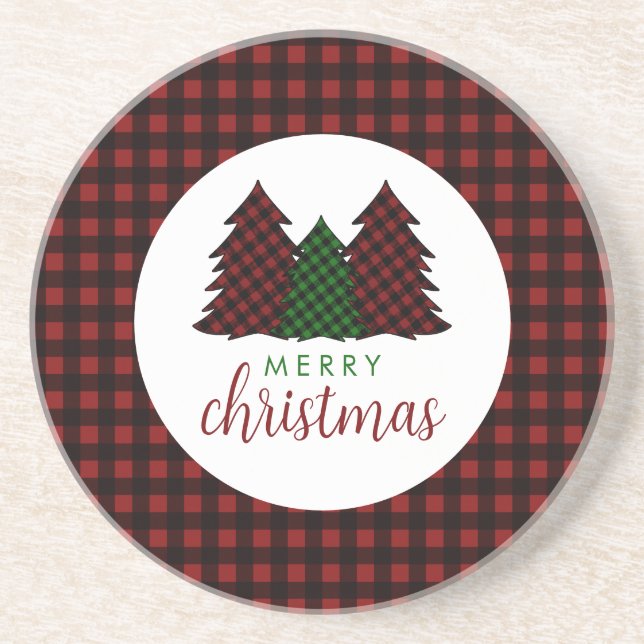 Merry Christmas Plaid Pattern Christmas Tree Coaster (Front)