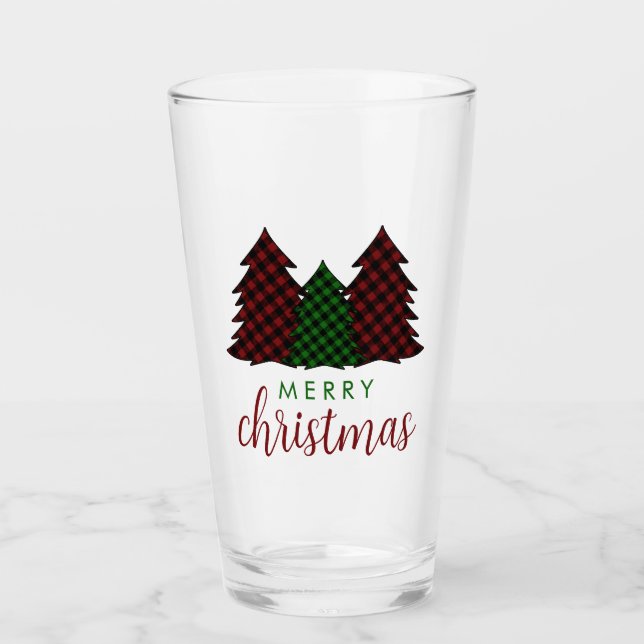 Merry Christmas Plaid Pattern Christmas Tree Glass (Front)