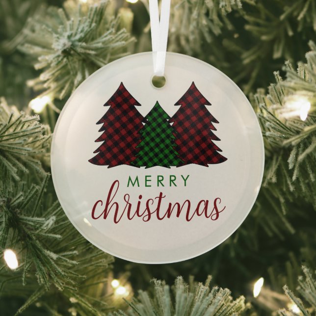 Merry Christmas Plaid Pattern Christmas Tree Glass Tree Decoration (Insitu)