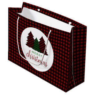 Merry Christmas Plaid Pattern Christmas Tree Large Gift Bag