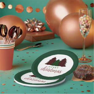 Merry Christmas Plaid Pattern Christmas Tree Paper Plate