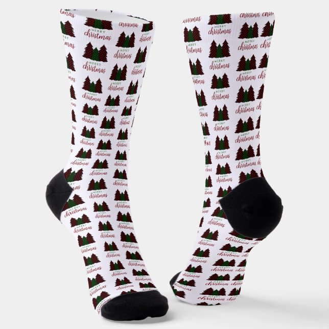 Merry Christmas Plaid Pattern Christmas Tree Socks (Angled)