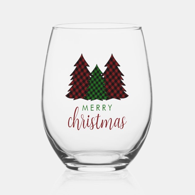 Merry Christmas Plaid Pattern Christmas Tree Stemless Wine Glass (Front)