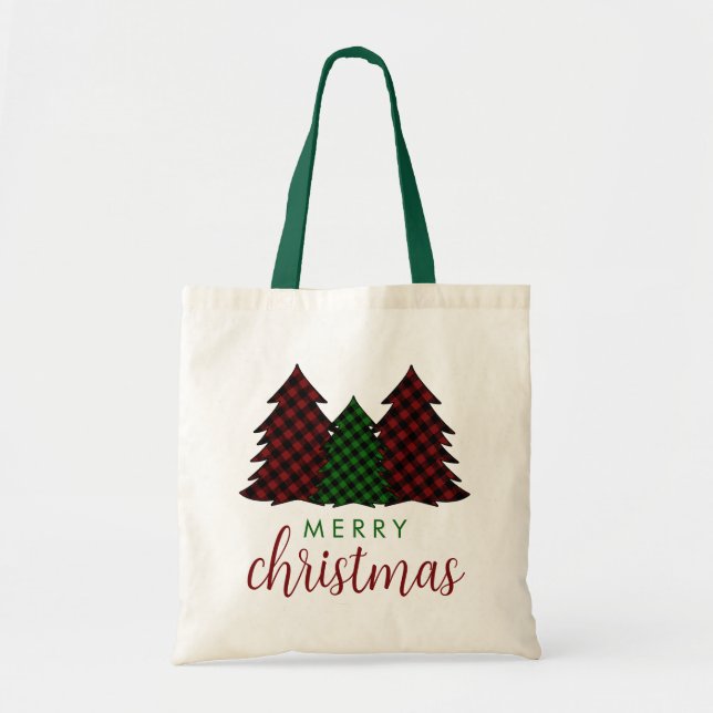 Merry Christmas Plaid Pattern Christmas Tree Tote Bag (Front)
