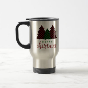 Merry Christmas Plaid Pattern Christmas Tree Travel Mug