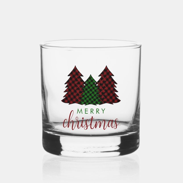 Merry Christmas Plaid Pattern Christmas Tree Whiskey Glass (Front)
