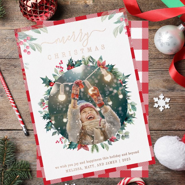 Merry Christmas Plaid Photo Botanical (Merry Christmas Plaid Photo Botanical Foil Holiday Card)