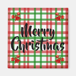 Merry Christmas Plaid Red Bows Kitchen Magnet