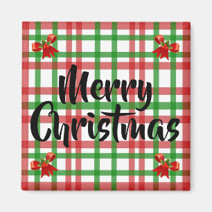 Merry Christmas Plaid Red Bows Kitchen Magnet