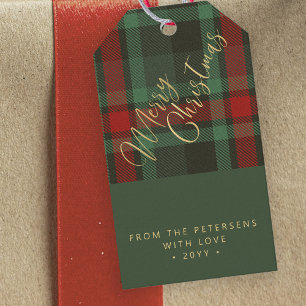 Merry Christmas plaid red green gold script Gift Tags