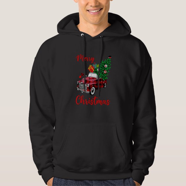 Merry Christmas Plaid Red Truck Xmas Tree Men Wome Hoodie (Front)
