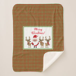 Merry Christmas Plaid Santa Reindeer Cute Holiday Sherpa Blanket