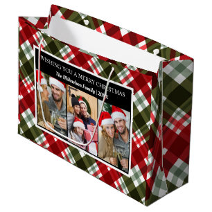 Merry Christmas Plaid Tartan Photo Collage Large Gift Bag