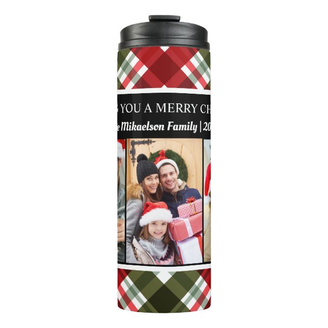 Merry Christmas Plaid Tartan Photo Collage Thermal Tumbler (Front)