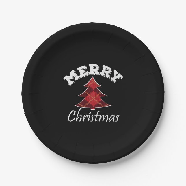 Merry Christmas Plaid Tree Paper Plate (Front)