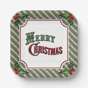 Merry Christmas Plaid with Holly Paper Plate
