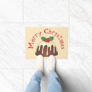 Merry Christmas Plum Pudding Holly Leaf Holiday Doormat