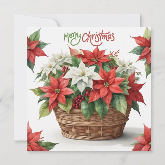 Merry Christmas Poinsettia Basket Holiday Card (Front)