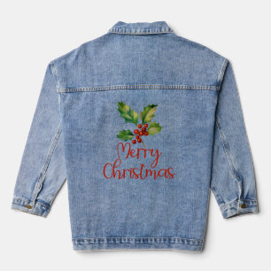 Merry Christmas, Poinsettia Berries Design Womens  Denim Jacket