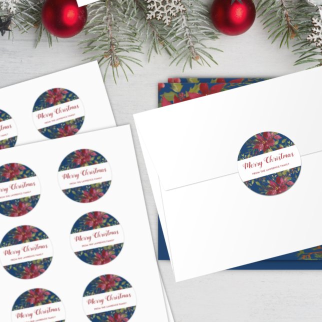 Merry Christmas Poinsettia Botanical Navy Blue Classic Round Sticker (Creator Uploaded)