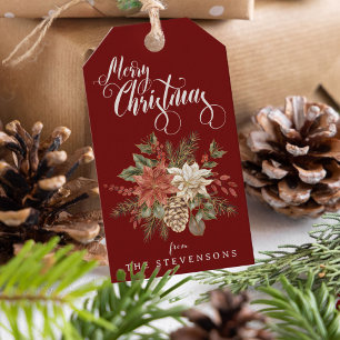 Merry Christmas Poinsettia Burgundy Gift Tags