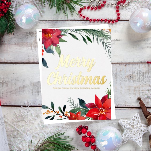 Merry Christmas Poinsettia Custom Corporate Gold Foil Holiday Postcard (Creator Uploaded)