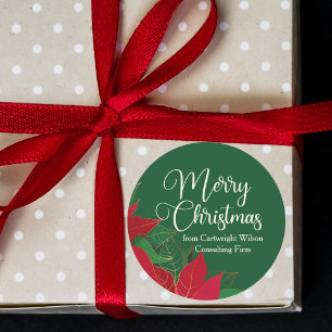 Merry Christmas Poinsettia Elegant Green Business Classic Round Sticker