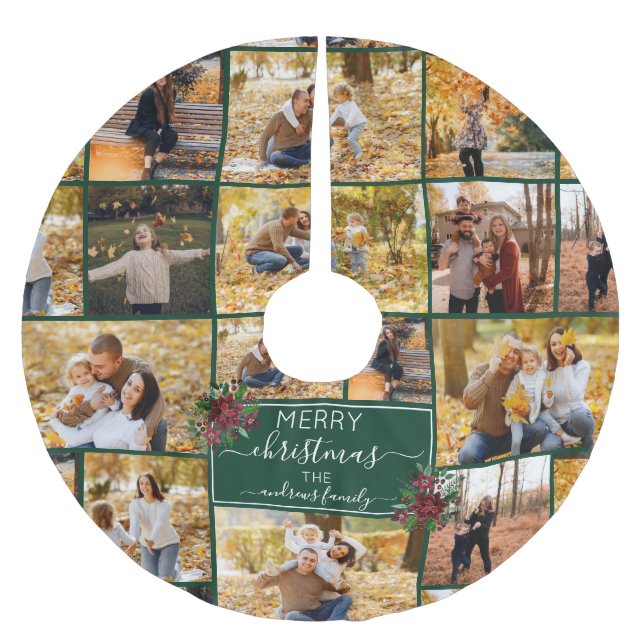 Merry Christmas Poinsettia Family Photo Collage Brushed Polyester Tree Skirt (Front)