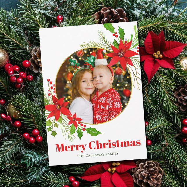 Merry Christmas Poinsettia Festive Family Photo Holiday Card (Creator Uploaded)