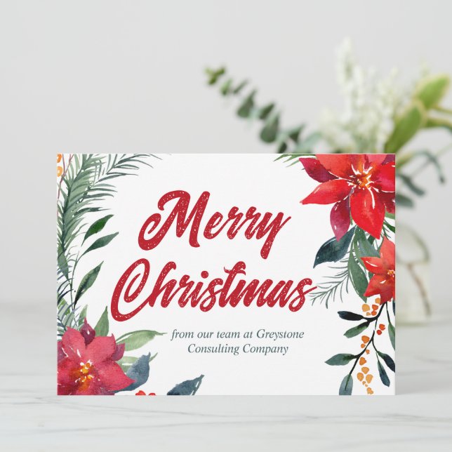 Merry Christmas Poinsettia Floral Custom Company Holiday Card (Standing Front)