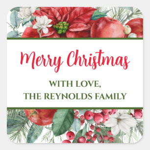 Merry Christmas Poinsettia Floral Favour Square Sticker
