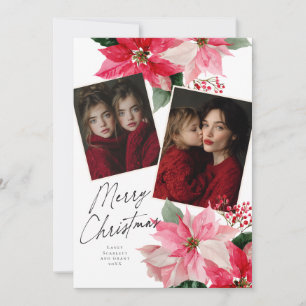 Merry Christmas Poinsettia Flower Holiday 2 photo Card