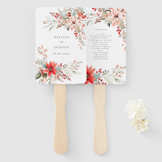 Merry Christmas Poinsettia Flower Holiday Hand Fan (Front and Back)