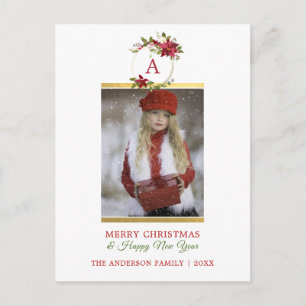 Merry Christmas Poinsettia Gold Monogram PHOTO Holiday Postcard