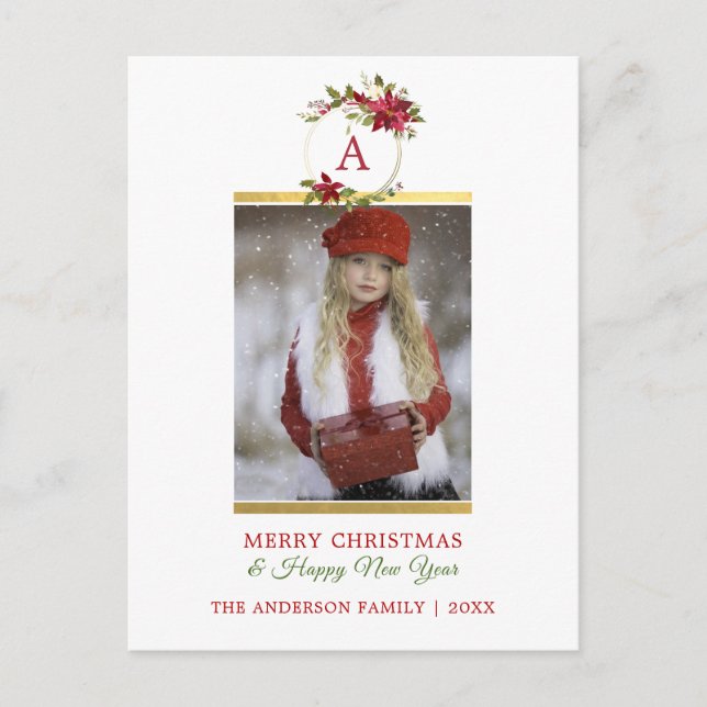 Merry Christmas Poinsettia Gold Monogram | PHOTO Holiday Postcard (Front)