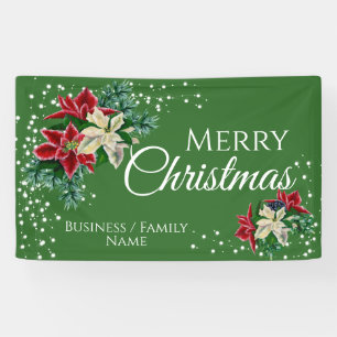 Merry Christmas Poinsettia Green Personalised Banner