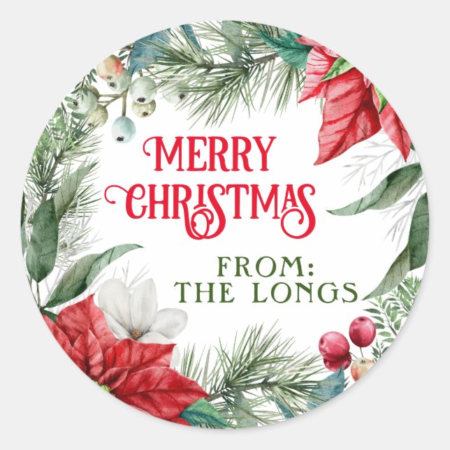 Merry Christmas Poinsettia Label Round Sticker (Front)
