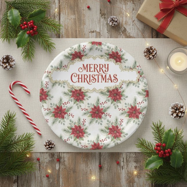 Merry Christmas Poinsettia Paper Plates (Merry Christmas Poinsettia Paper Plate)