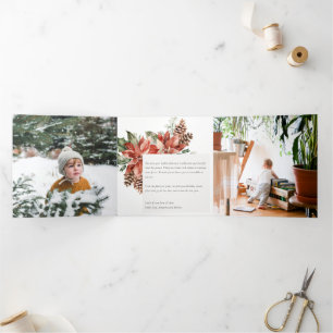 Merry Christmas Poinsettia Pine 3 Photo Watercolor Tri-Fold Holiday Card